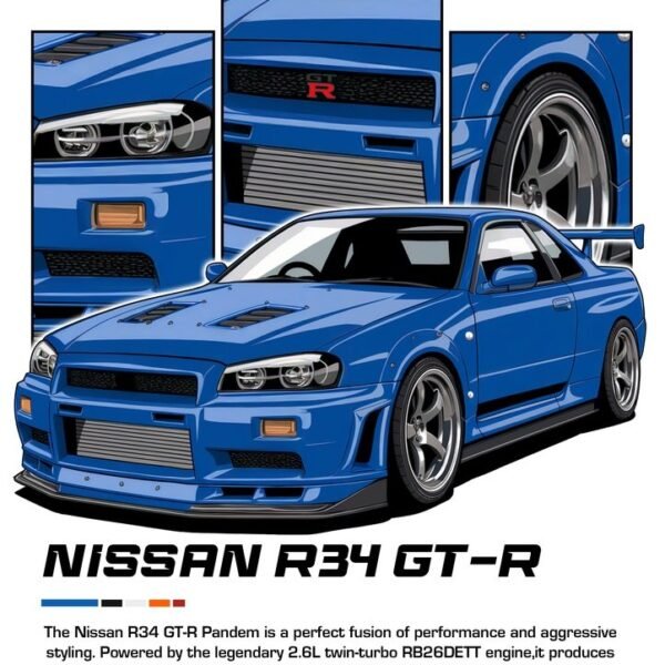 'Mėlyna Nissan R34 GTR' paveikslas ant drobės 'Mėlyna Nissan R34 GTR' paveikslas ant drobės